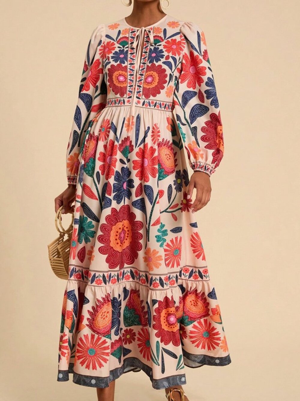 Multicolor Boho Women's Vacation Floral Print Tie-Up Long Sleeve Dress - Picture 4 of 6